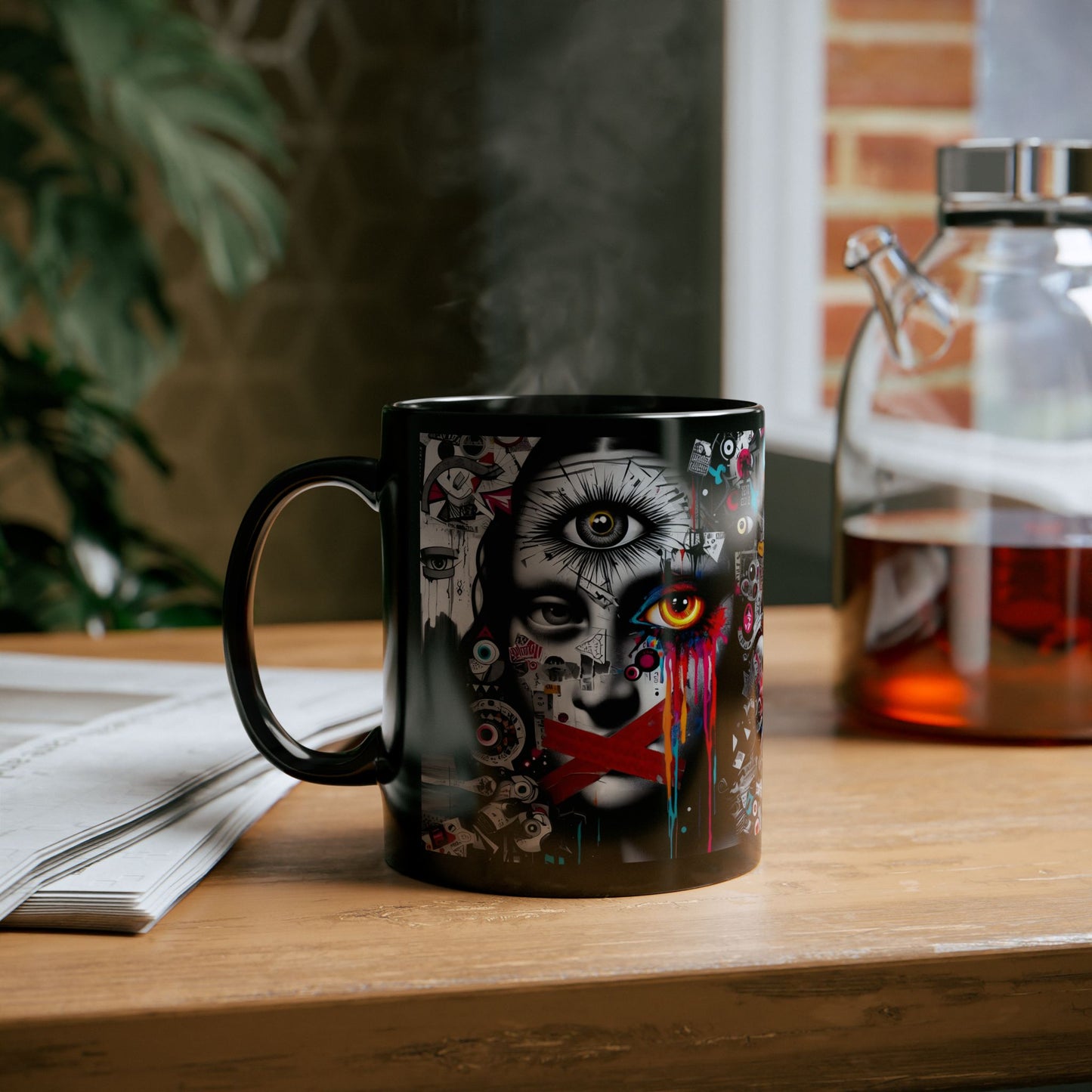 “Mona Lisa Smile, Evil Eye Stare, Morning Coffee Glare” – Classic art, modern attitude.
