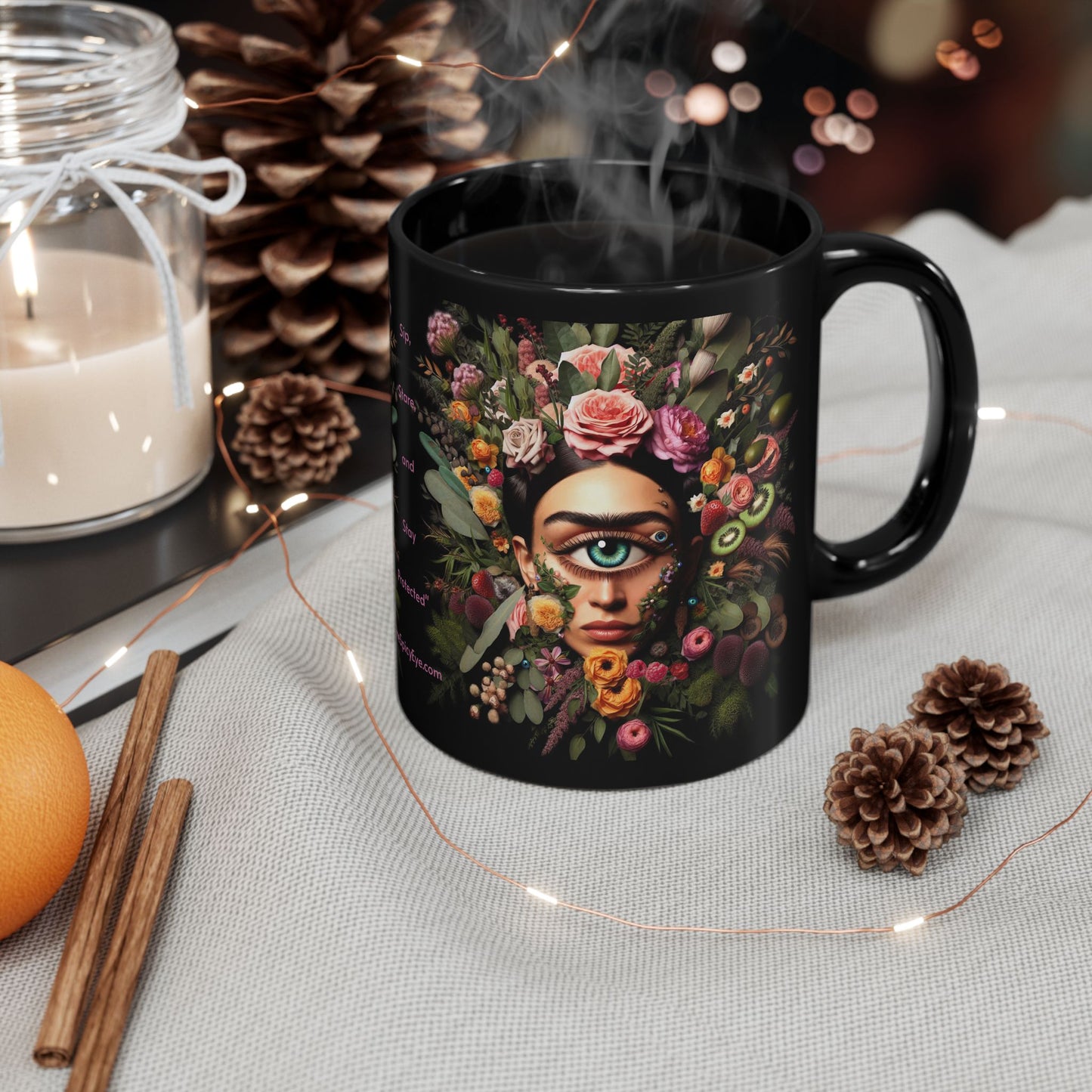 “Floral Frida Vibes, Fully Caffeinated Side-Eye” – Petals up top, sarcasm down below.