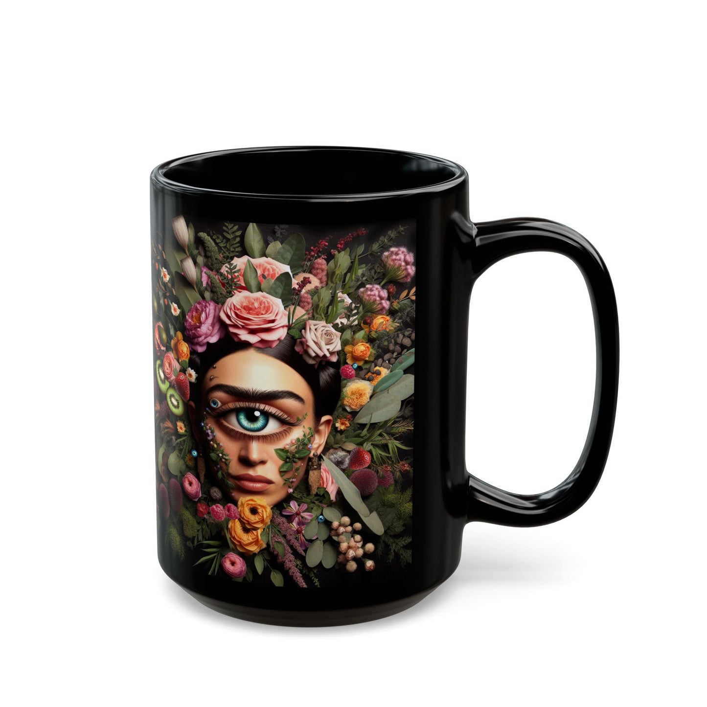 “Floral Frida Vibes, Fully Caffeinated Side-Eye” – Petals up top, sarcasm down below.
