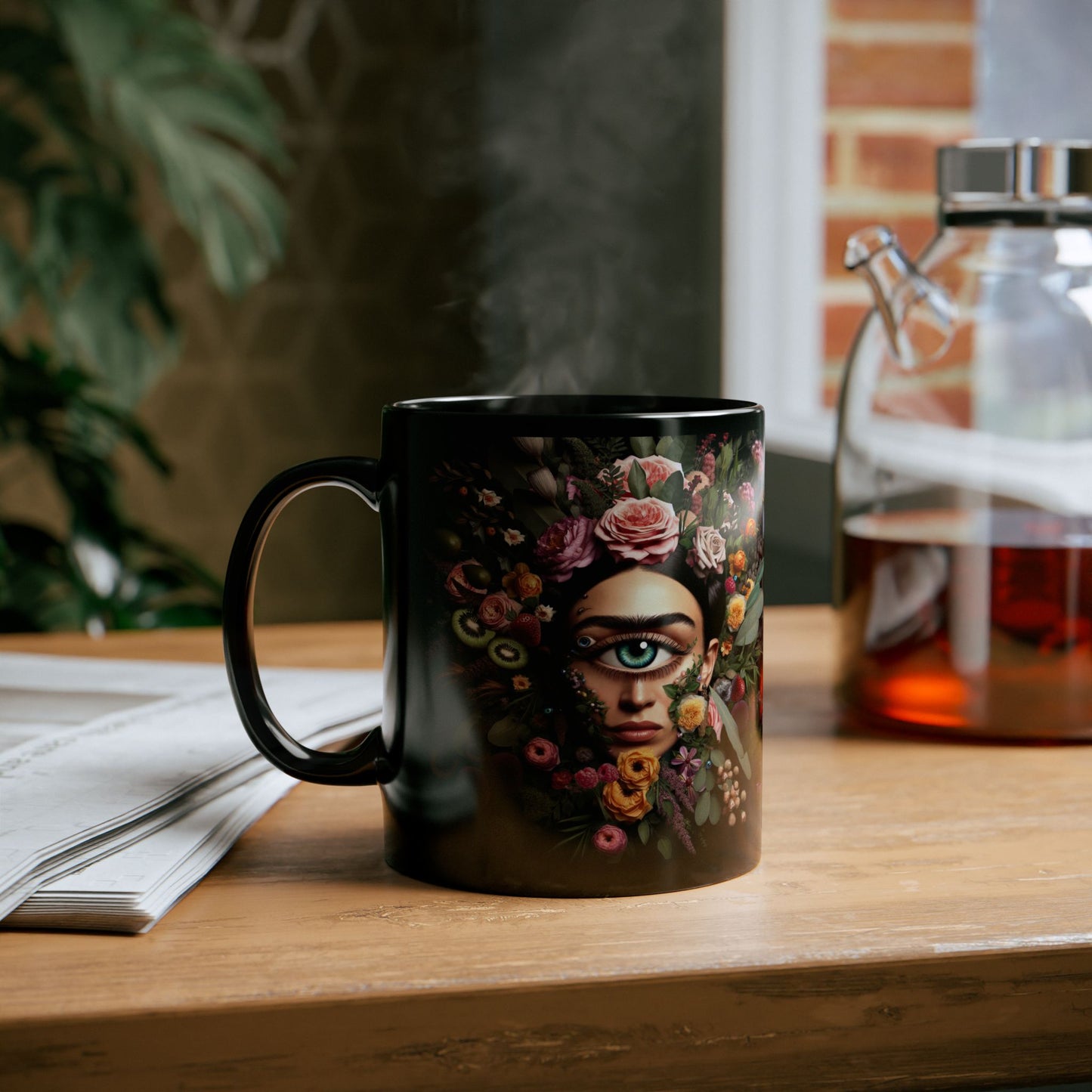 “Floral Frida Vibes, Fully Caffeinated Side-Eye” – Petals up top, sarcasm down below.