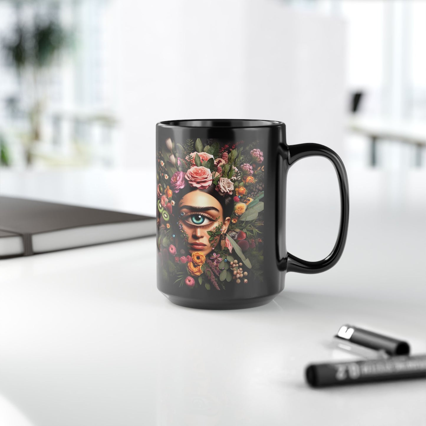 “Floral Frida Vibes, Fully Caffeinated Side-Eye” – Petals up top, sarcasm down below.